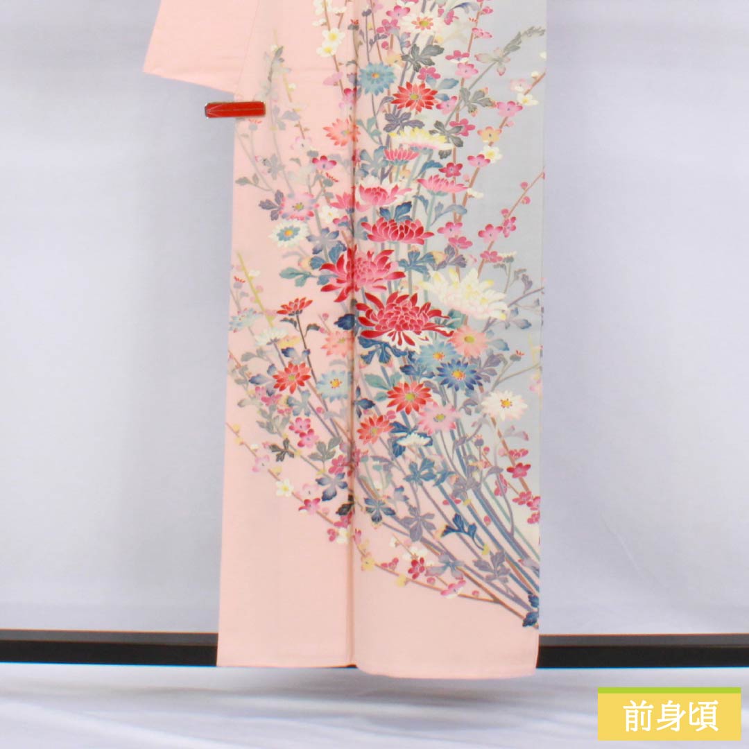 Visiting Kimono, Pure Silk, A-Rank, Lined, Length 157cm, Sleeve Length 65.5cm, Otomeiro (Girl's Color), Single Crest, Mokko (Pink Quince) Design, Kaga Yuzen, All-Flower Design, Artist's Work, Pink, Product Number: 1112006873313