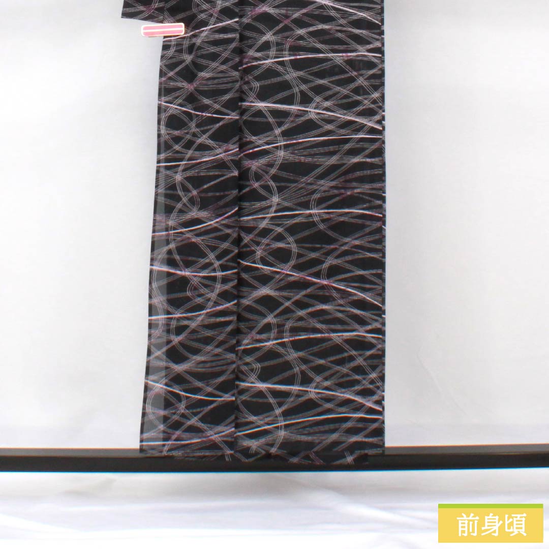 夏物 ポリエステル 小紋 身丈153cm 裄丈64cm 相済茶色(あいすみちゃいろ) 抽象模様 絽 Aランク 黒系 1132002293210