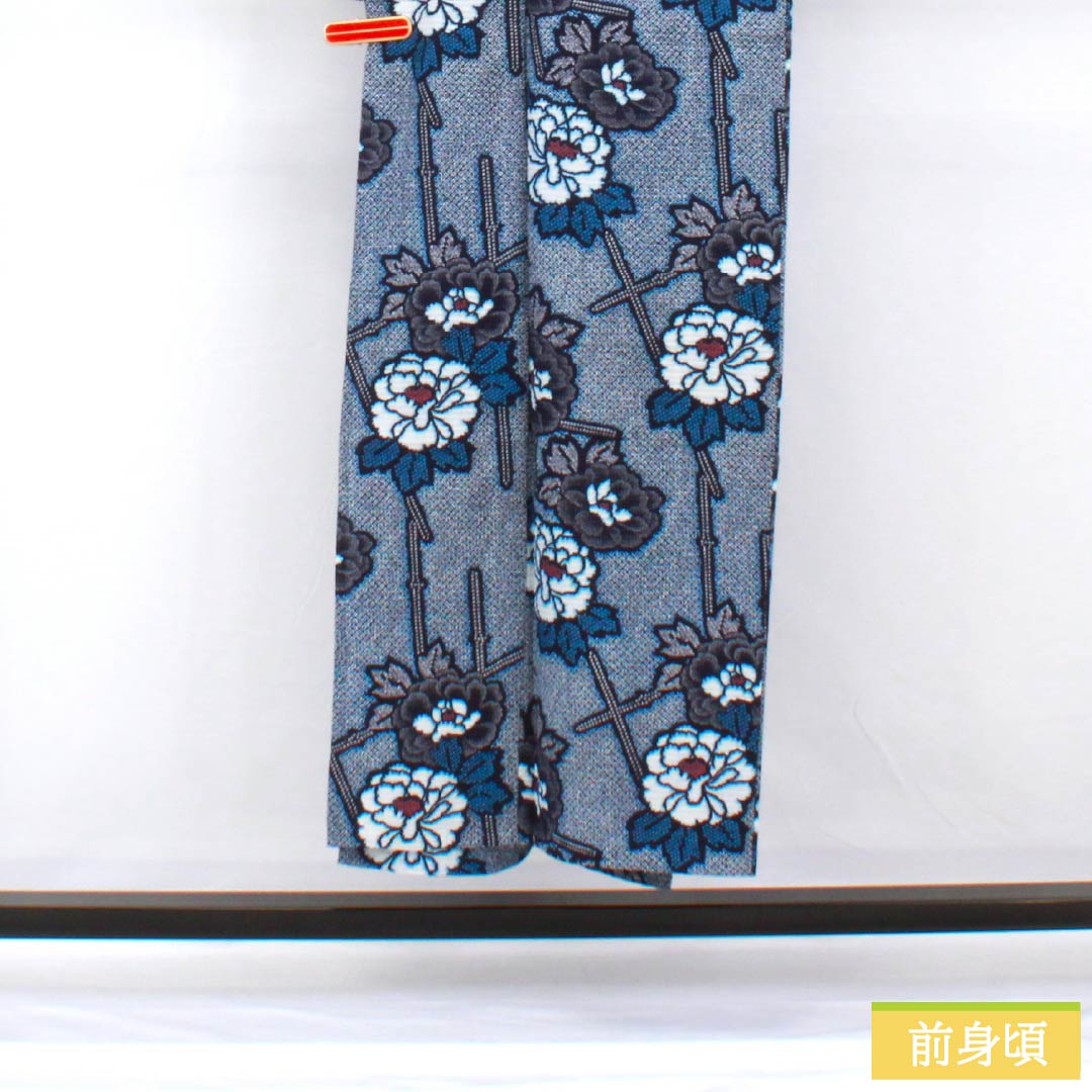 浴衣 木綿 身丈149.5cm 裄丈62cm Sランク 単衣 紺系 濃紺色(のうこんいろ) リップル 牡丹 1118005302118