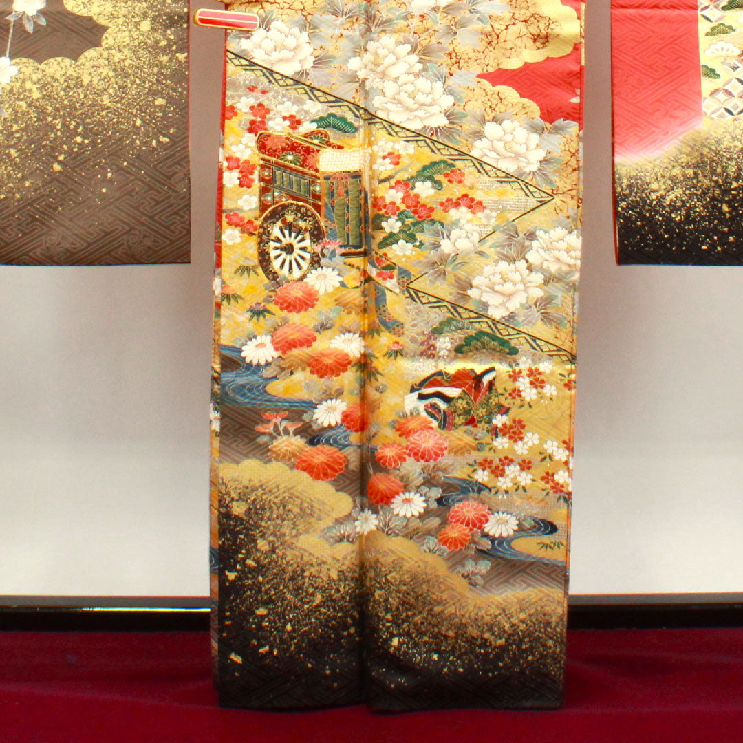 振袖 身丈163.5cm 裄丈67.5cm 袷 甚三紅色 京友禅 御所車 吉祥文様 作家物 正絹 Aランク 朱系 1113001623416