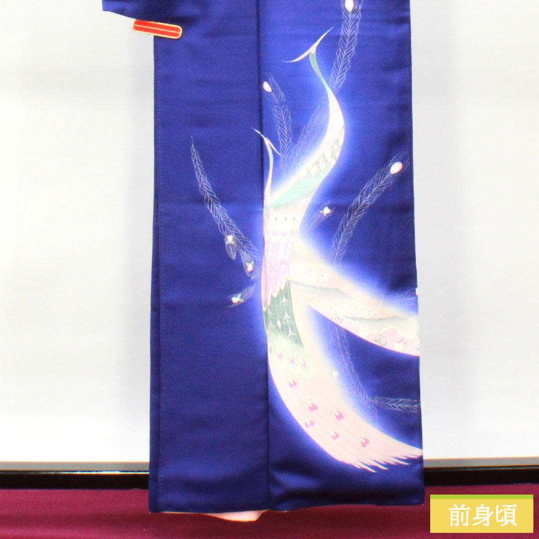 訪問着 正絹 袷 身丈161cm 裄丈65.5cm 桔梗色(ききょういろ) 京友禅 孔雀 Aランク 紺系 1112004353418