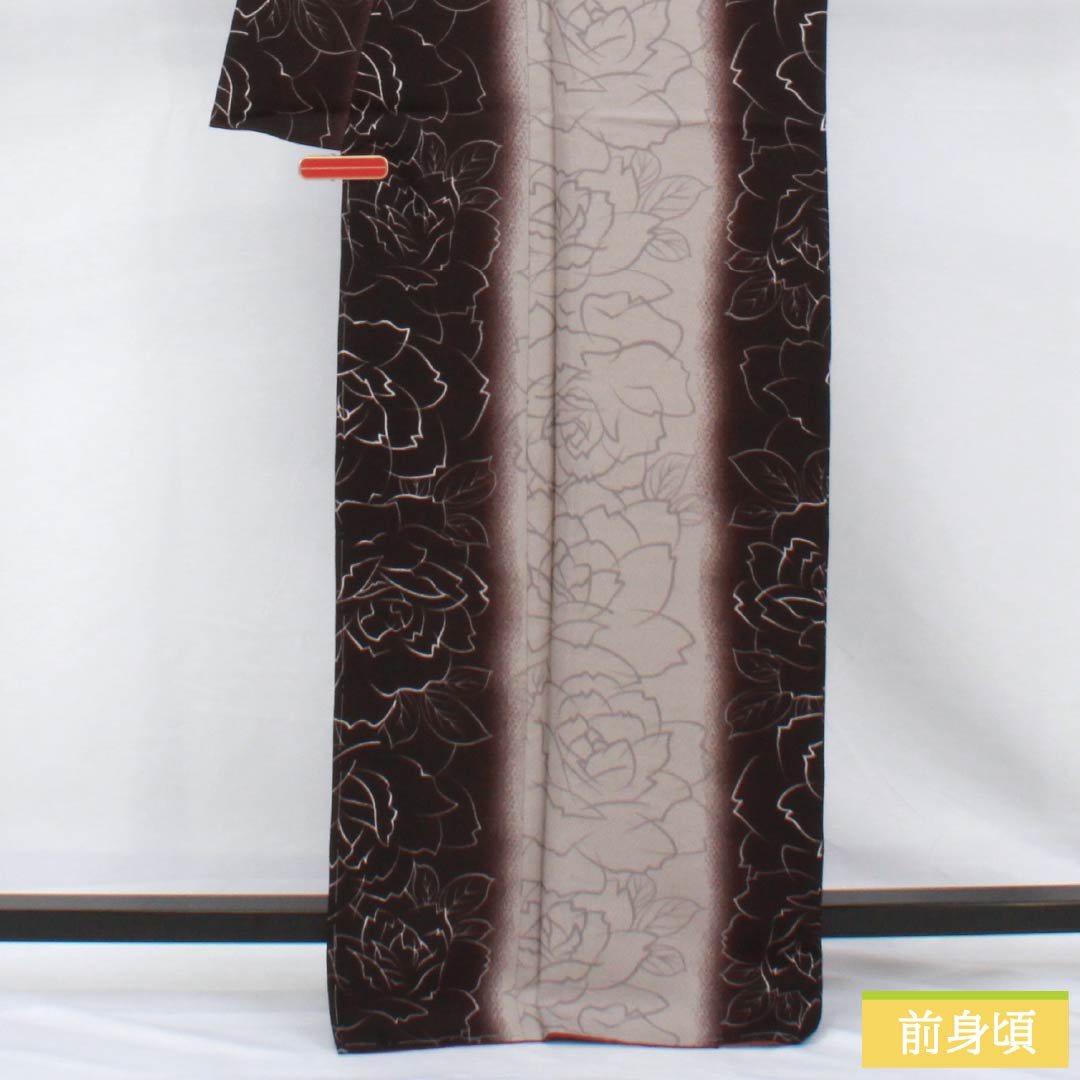 小紋 ポリエステル 身丈167.5cm 裄丈67.5cm 袷 褐色(かちいろ) 小町鼠色(こまちねずいろ) 洗える着物 薔薇 しつけ糸付き Sランク グラデーション系 1115005202599