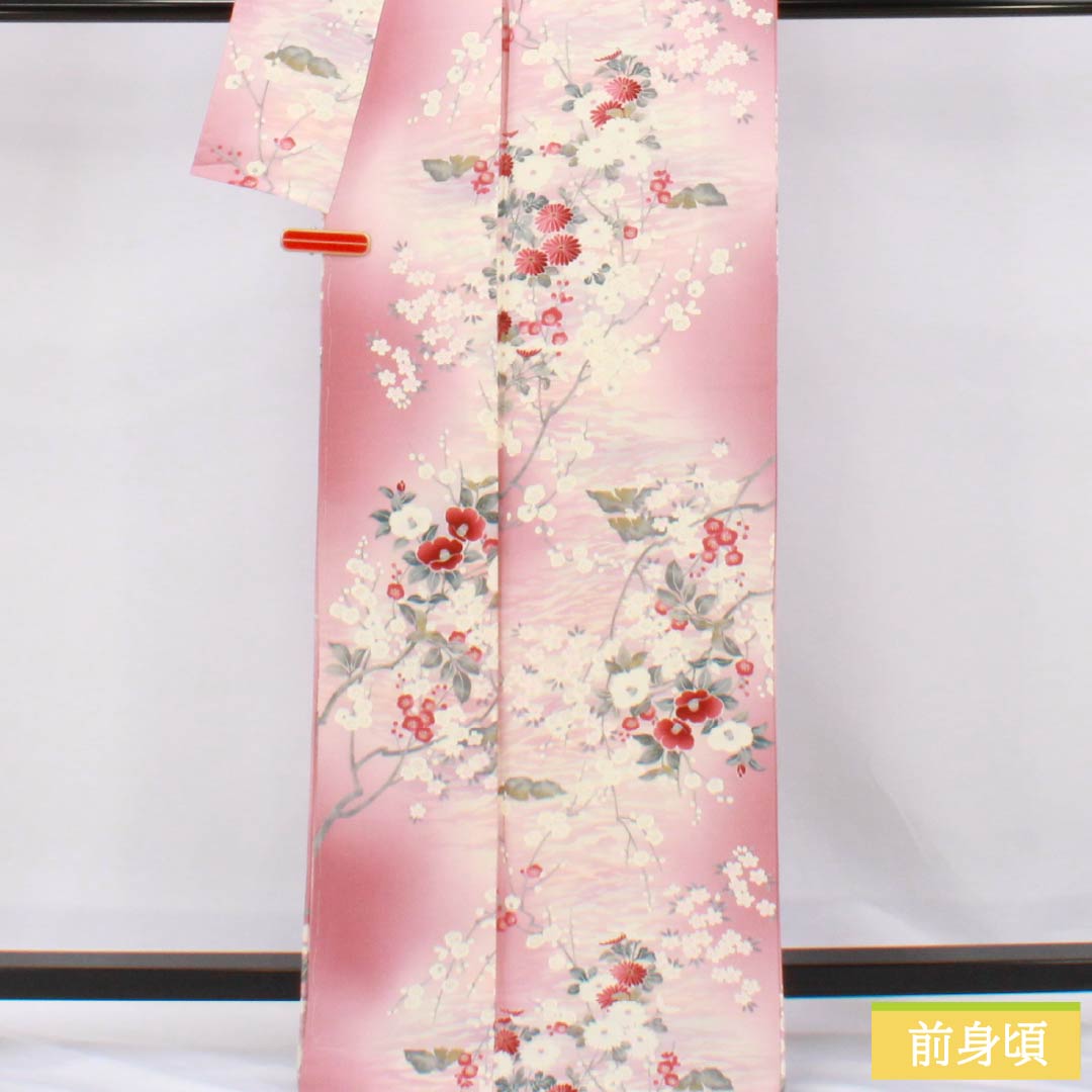 Komon silk S-rank kimono, length 163cm, sleeve length 68cm, lined, one-kin dyed, Kyoto Yuzen pattern, floral motif, pink, with basting thread, product number 1115007132413