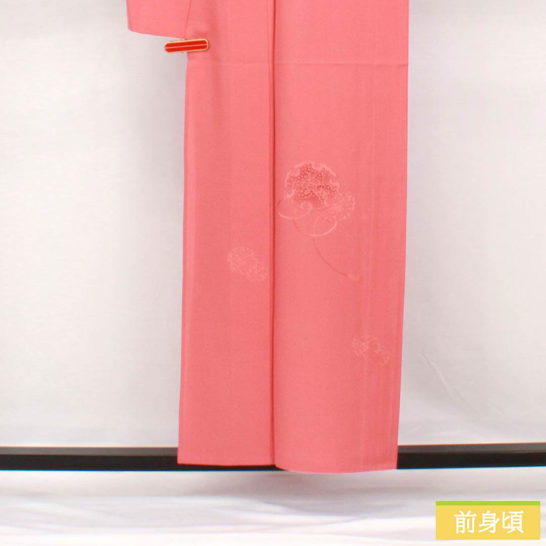 夏物 正絹 訪問着 身丈157cm 裄丈64.5cm 紅梅色(こうばいいろ) 汕頭刺繍 雪輪 付下げ 絽 Sランク ピンク系 1132002012313