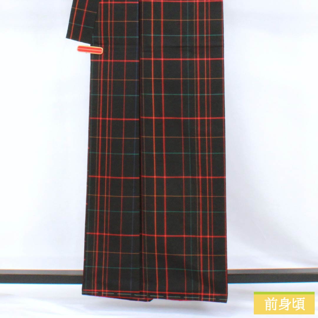 Tsumugi Silk B Rank Length 161cm Sleeve-to-sleeve 64.5cm Oshima Tsumugi Plaid Awasé Black 1116004924410