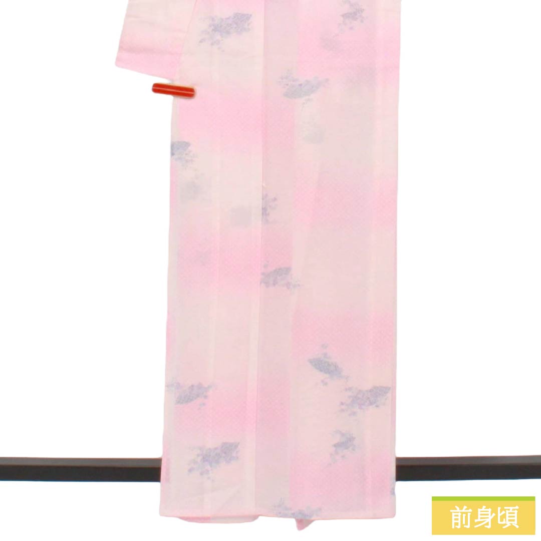 Summer Polyester Kimono, Komon, S Rank, Length 162.5cm, Sleeve to Shoulder 64.5cm, Asabeni-iro (pale red), Ichimatsu Check and Classic Patterns, Washable Kimono, Ro (gauze-weave), Pink Tones, 1132003272413