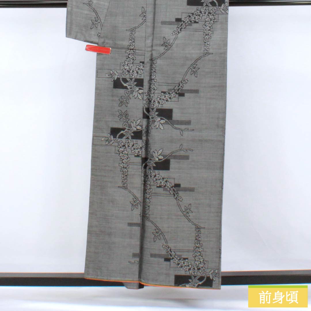Pure silk tsumugi (pongee) kimono, S-rank, length 155.5cm, sleeve length 62.5cm, gray (haiiro), Murayama Oshima floral design, lined, with basting thread, gray-based, product number 1116004622322