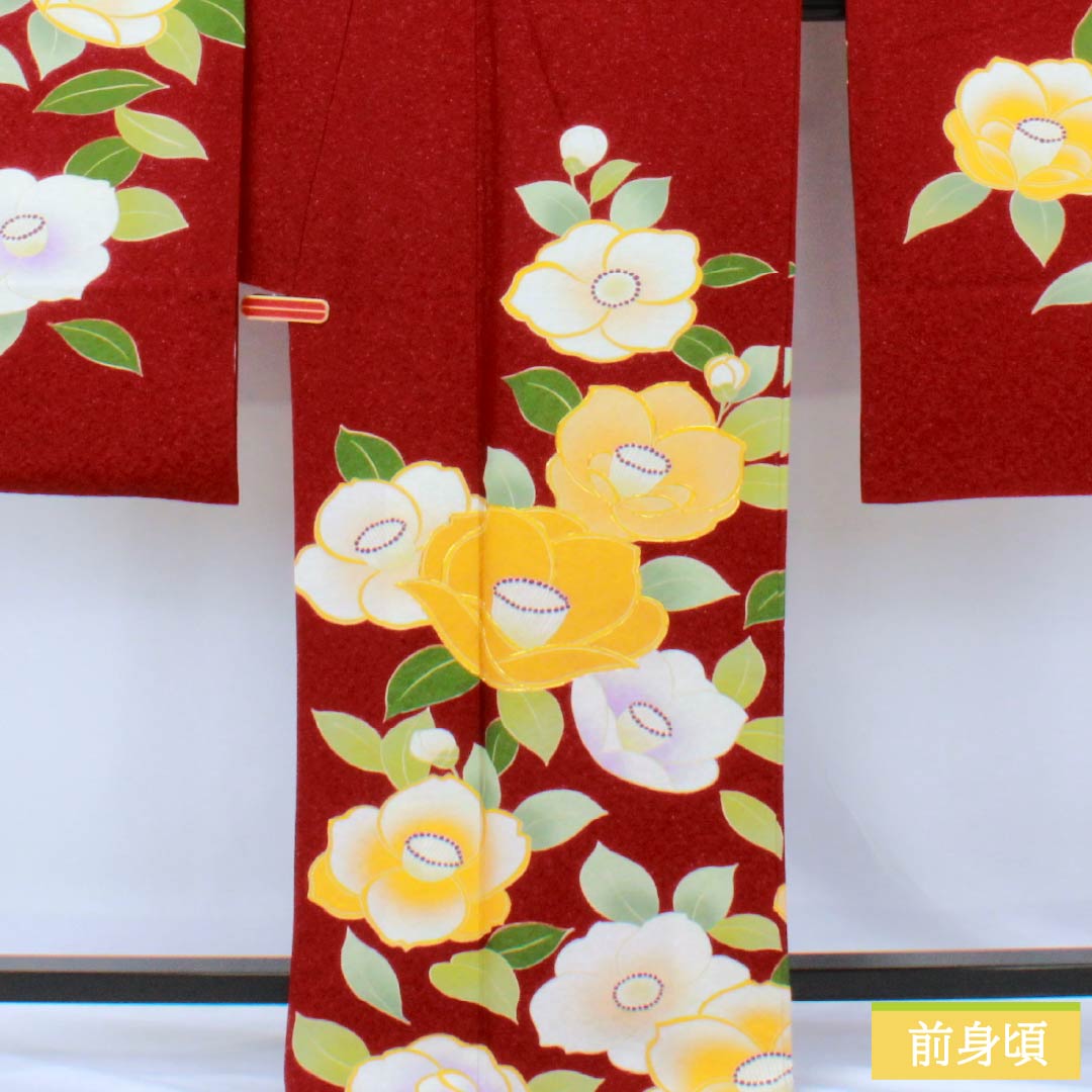 振袖 正絹 Sランク 身丈175.5cm 裄丈71.5cm 袷 紅赤色(べにあかいろ) 椿 さわやかガード加工 銀通し 赤系 1113002202812