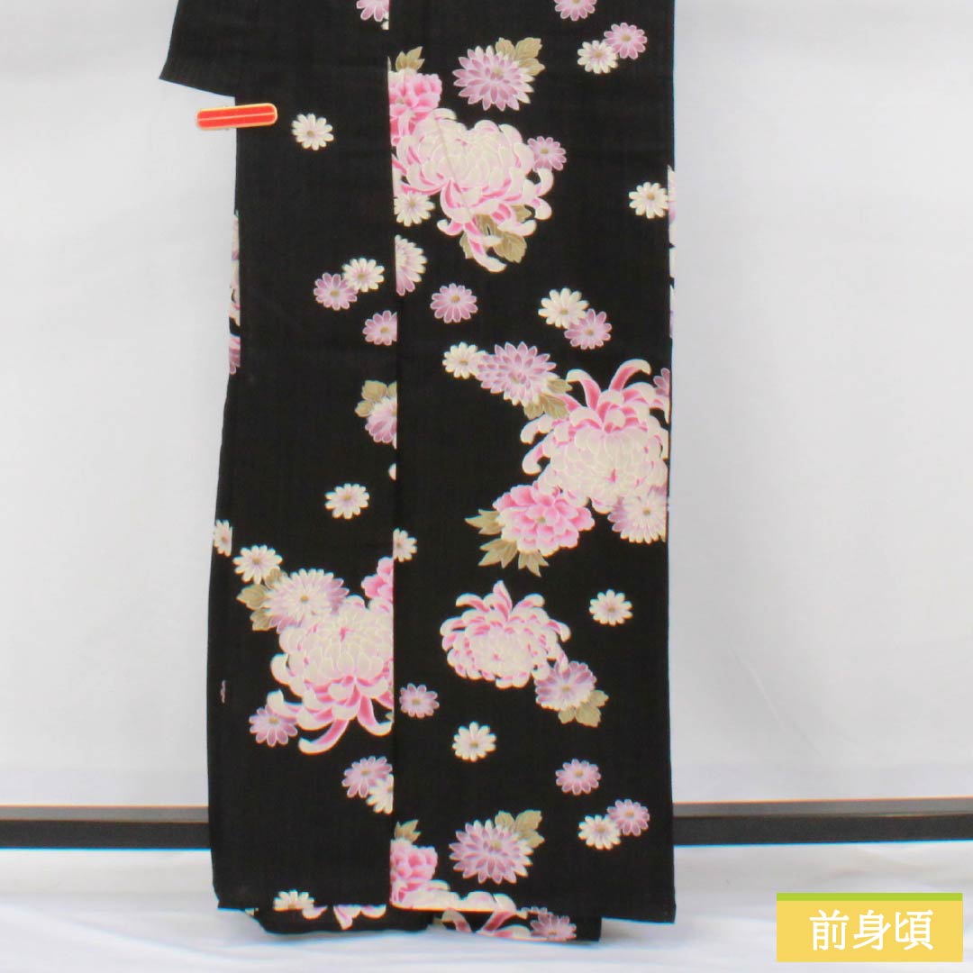 Cotton Yukata, Length 164cm, Sleeve Length 69.5cm, S Rank, Single Layer, Black, Chrysanthemum Design, 1118006282410