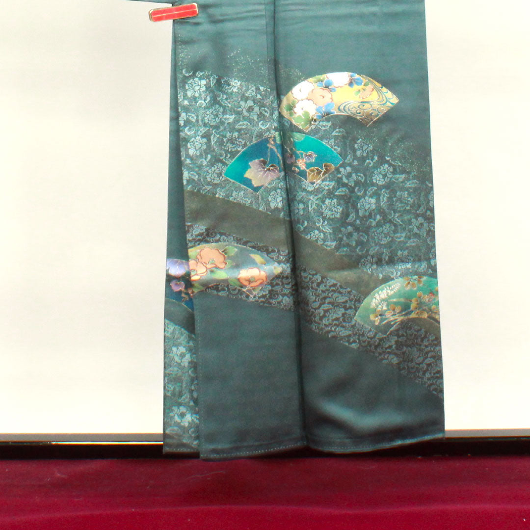 訪問着 袷 身丈154.5cm 裄丈66cm 錆納戸色 金彩加工 扇面 吉祥文様 正絹 Sランク 青系 1112002682217
