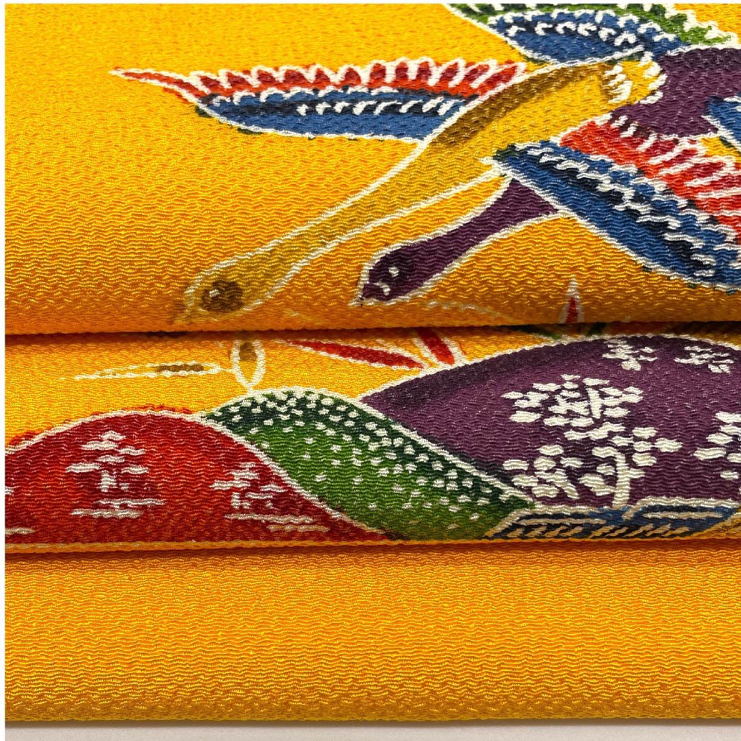 Nagoya obi, orange, Satoyama landscape, bird, crepe, obi length 381cm, pure silk, A rank, point pattern, casual, yellow, 1124004363323, Nagoya style
