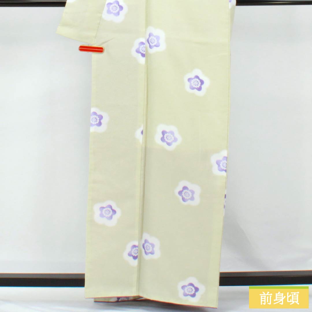 Komon (small pattern) kimono, polyester, rank A, length 165cm, sleeve length 66cm, lined, sulfur-colored (iou-iro) floral pattern, with basting thread, washable, green, 1115007023519