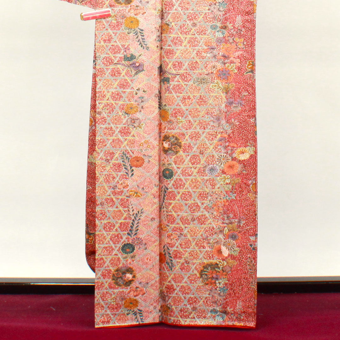 小紋 身丈163.5cm 裄丈64cm 袷 小豆色 草花模様 正絹 Aランク 赤系 1115003293412