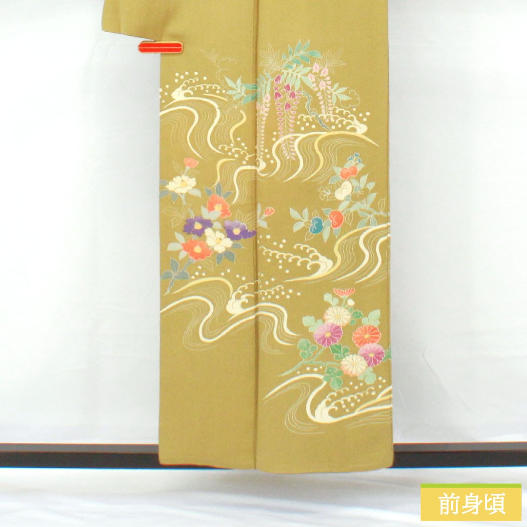 訪問着 正絹 袷 身丈155.5cm 裄丈67.5cm 唐金色(からかねいろ) 京友禅 ちりめん地 草花模様 Aランク 緑系 1112005953319