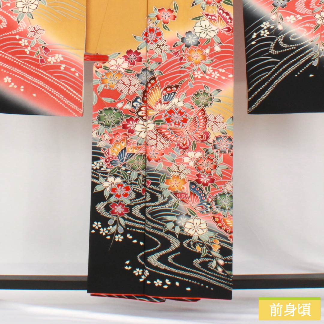 振袖 正絹 Sランク 身丈157cm 裄丈62cm 袷 小麦色(こむぎいろ) 京紅型 吉祥文様 蝶 花 流水 橙系 1113002882326