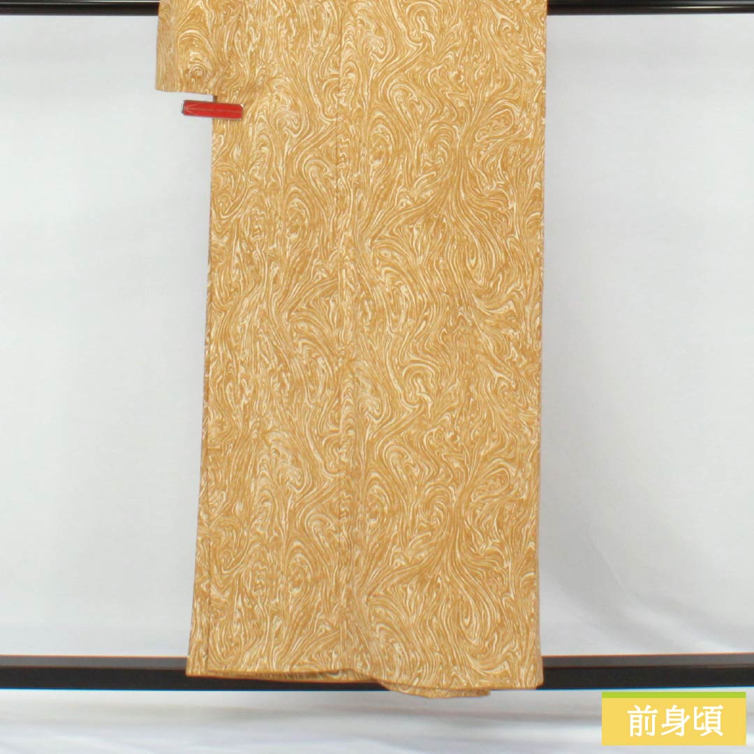Small-patterned kimono, polyester, S rank, length 156cm, sleeve length 63cm, lined, loquat brown (biwa-chairo) dyed with Sumi-zushi dyeing, with basting threads, washable, orange, 1115007502326