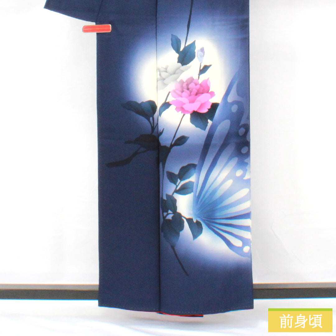 Homongi, pure silk, lined, length 159cm, sleeve length 65cm, dark blue, butterfly, rose, A rank, navy blue, 1112005883318