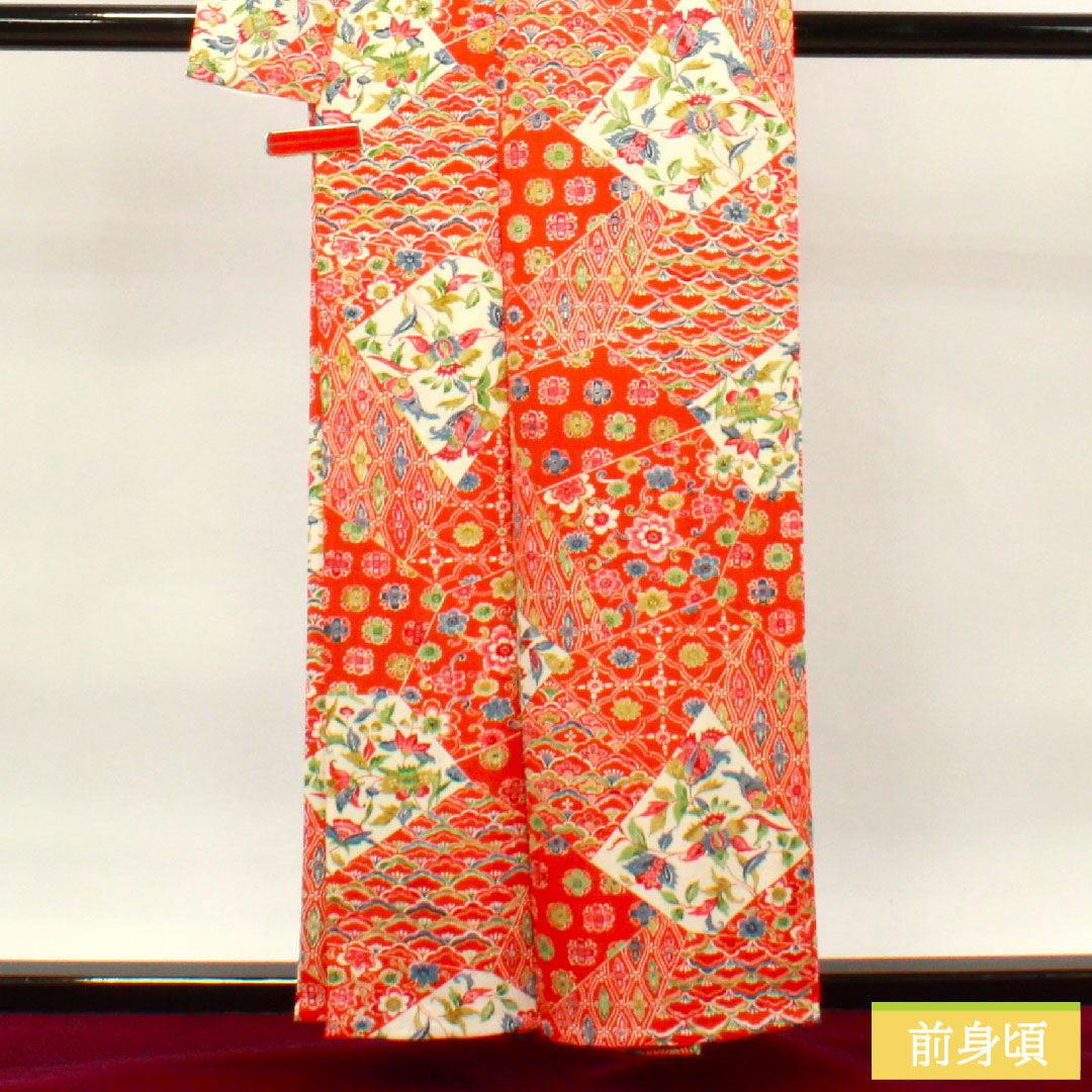 小紋 正絹 身丈157.5cm 裄丈64.5cm 単衣 緋色 型染 吉祥文様 Sランク 朱系 1115003832316
