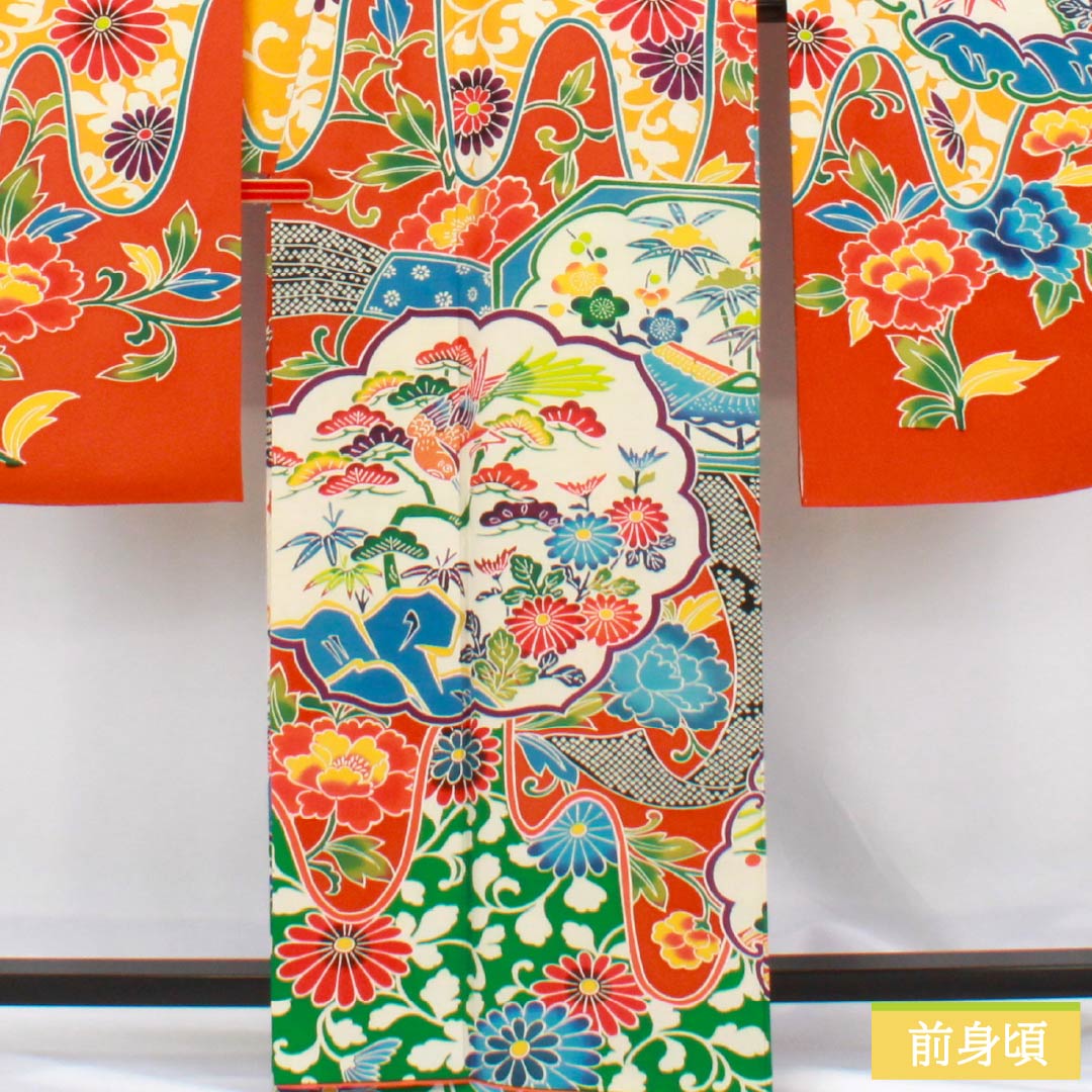振袖 正絹 Aランク 身丈164cm 裄丈68cm 袷 銀朱色(ぎんしゅいろ) 京紅型 吉祥文様 松竹梅 橙系 1113002263426