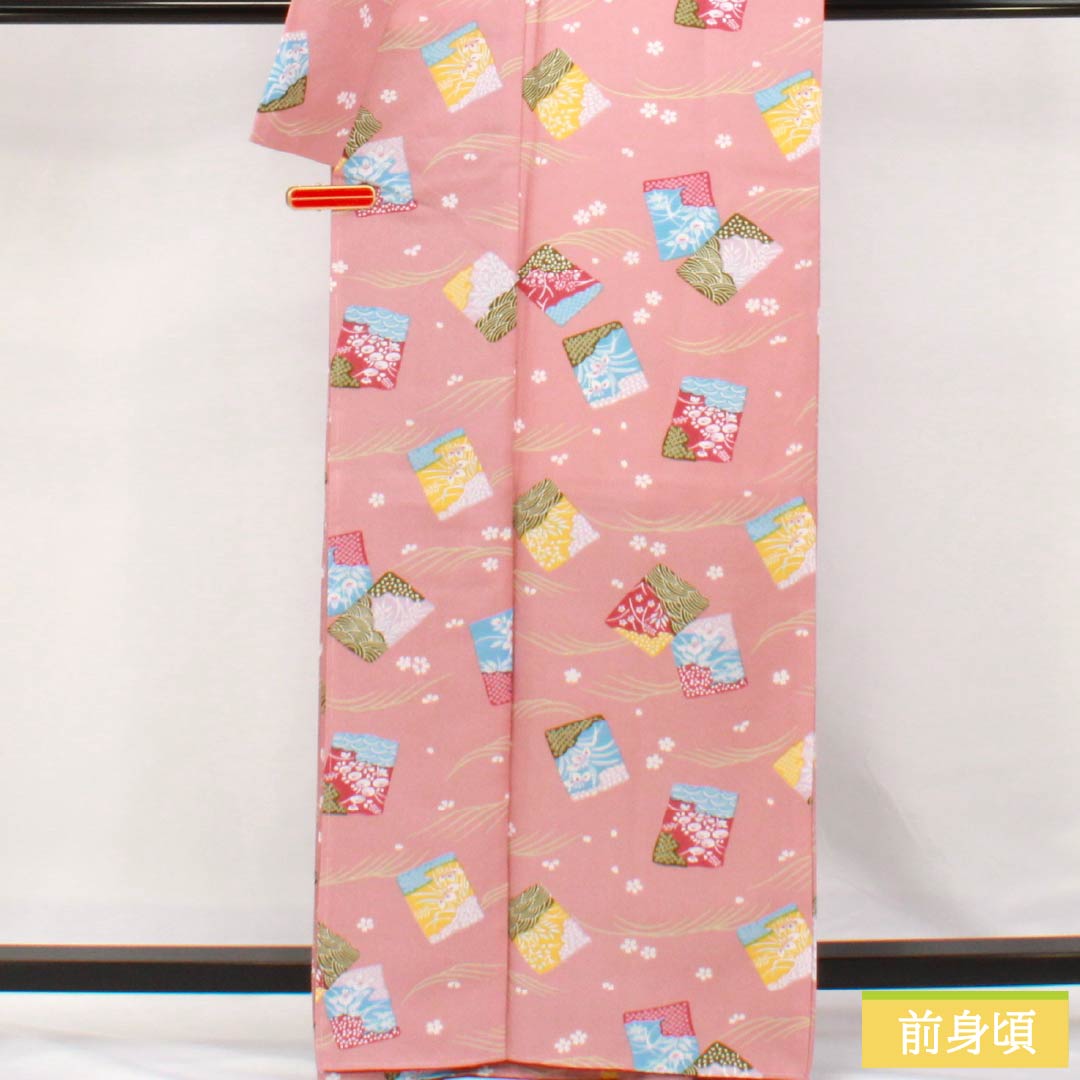 Small-patterned kimono, polyester, S rank, length 165.5cm, sleeve length 66cm, lined, pale pink plum color (usukoubaiiro), classic pattern, with basting thread, washable, pink, 1115007042513