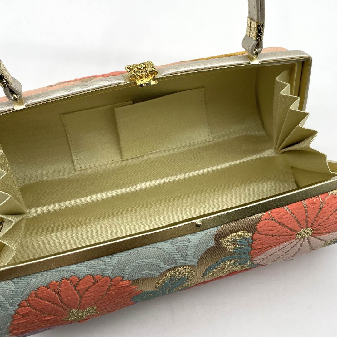 (Like New) Formal Zori and Bag Set, Grade A, Chrysanthemum Design, Obi Fabric, Size Small, Gold Finish, 1133000433221