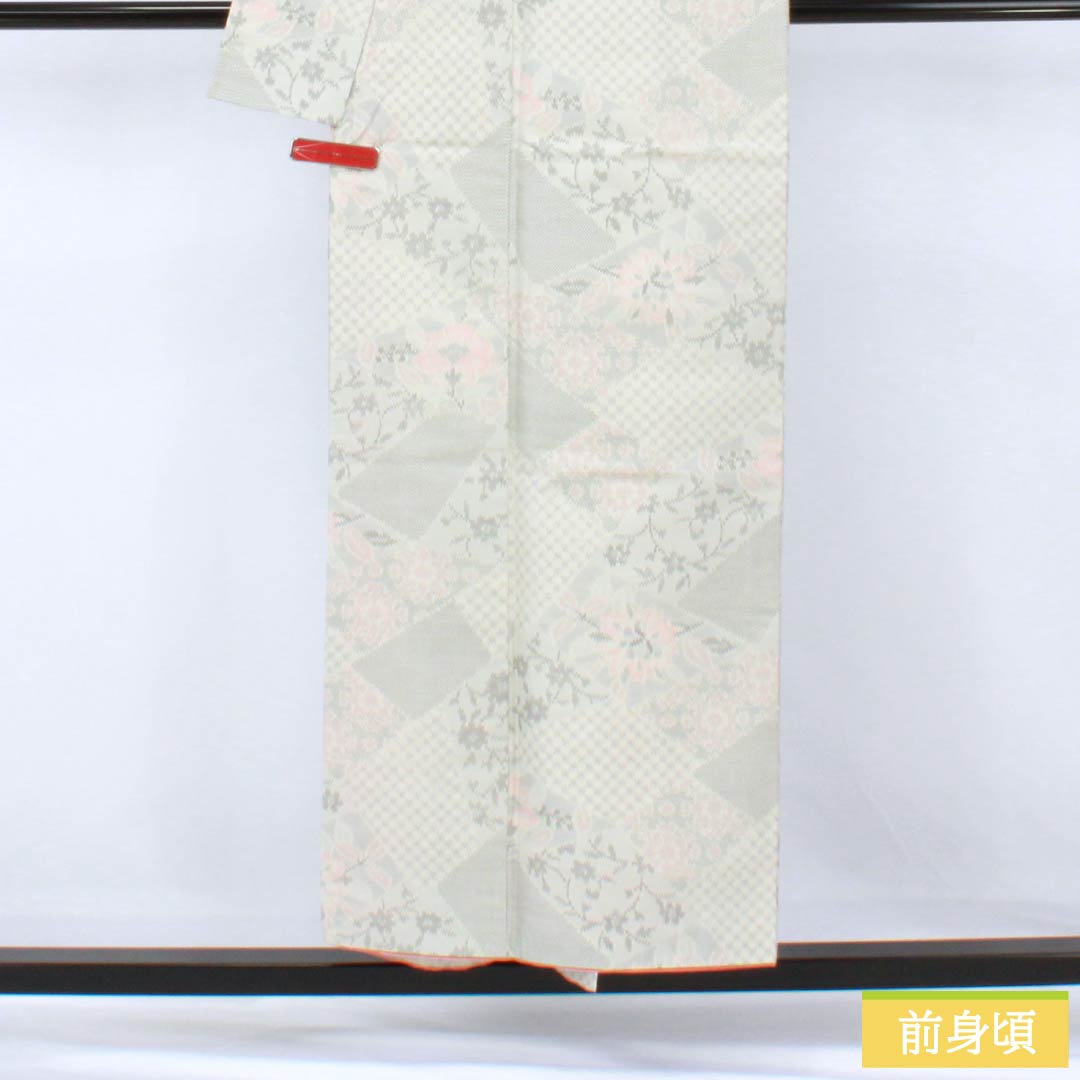 Tsumugi (pongee) polyester kimono, S rank, length 153cm, sleeve length 63cm, Unohana-iro (unohana flower) pattern, floral motif, washable, lined, white, 1116004642211