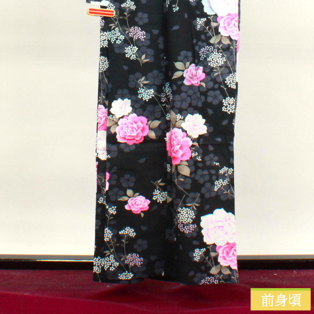 浴衣 木綿 身丈159cm 裄丈64.5cm Bランク 単衣 黒系 薔薇 カスミソウ 桜 1118004554310