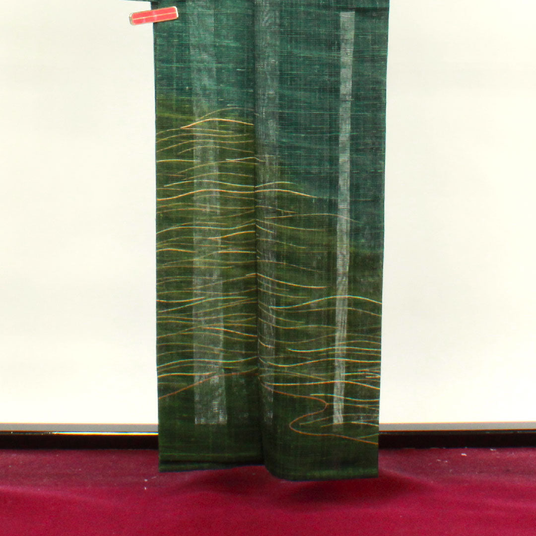 Summer pure silk formal kimono, length 160cm, sleeve length 65cm, dark green, abstract pattern, pongee fabric, S rank, green 1132000572419