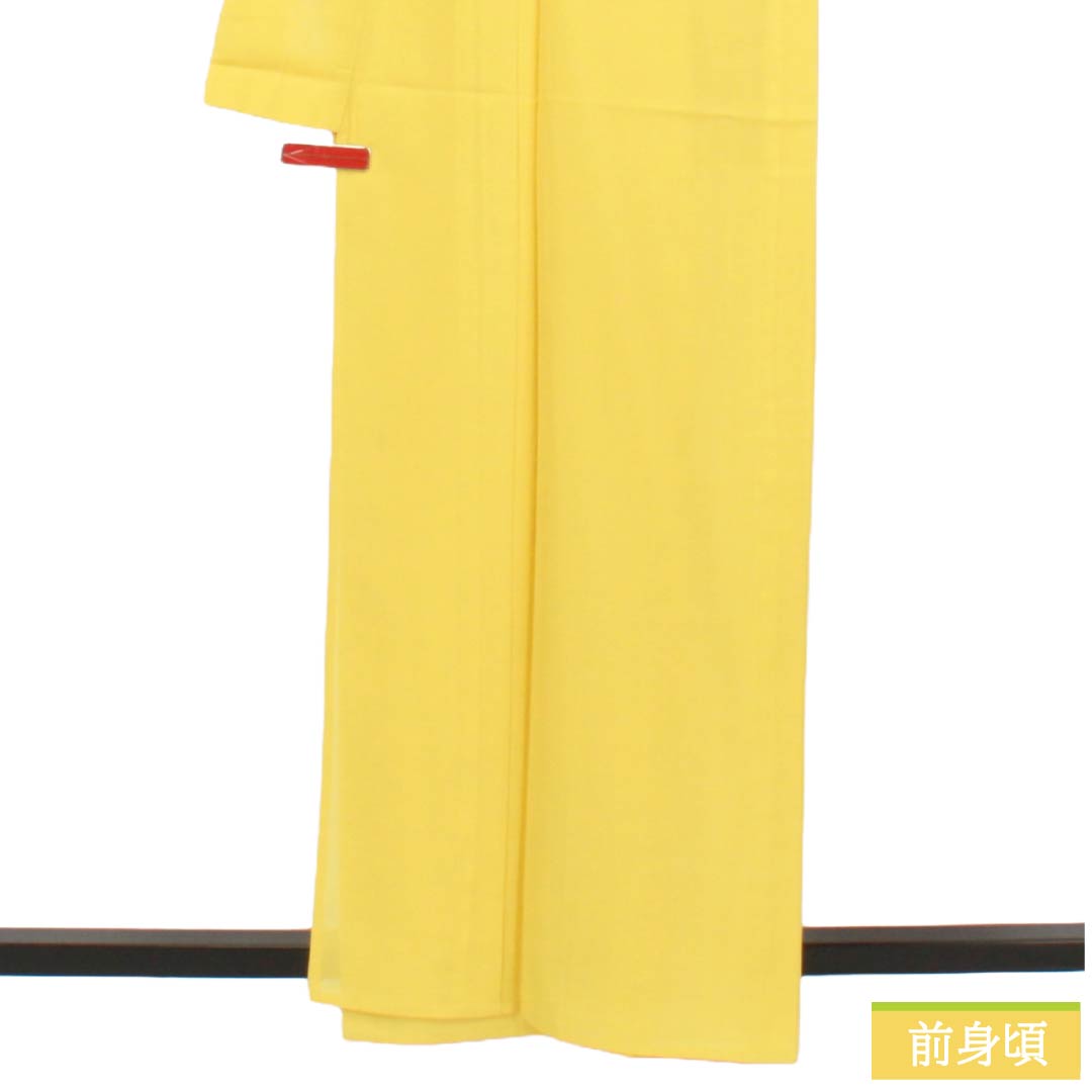 夏物 ポリエステル 色無地 Sランク 身丈162.5cm 裄丈65cm 苅安色(かりやすいろ) 洗える着物 素無地 居敷当て付き 絽 黄系 1132004202423