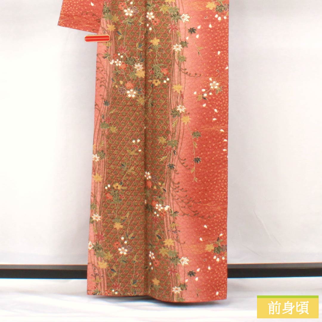 Komon, pure silk, length 163cm, sleeve length 64cm, lined, red sapphire color, basket pattern, flower, basting thread included, S rank, vermilion, 1115005692416