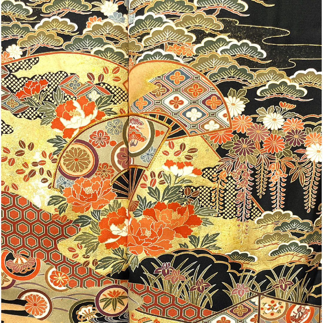 黒留袖 身丈164.5cm 裄丈63cm 袷 京友禅 吉祥文様 九枚笹 正絹 Sランク 五つ紋 黒系 1111000612410