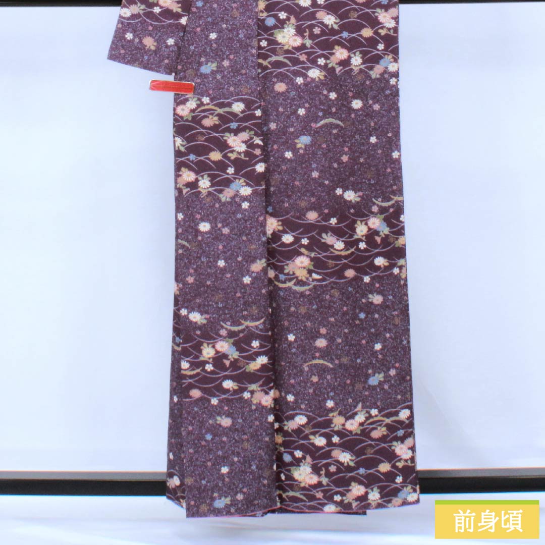 Komon (small pattern) polyester kimono, A rank, length 158cm, sleeve length 64.5cm, lined, deep purple (Fukaki Murasaki Iro) with small flowers and dew grass, washable, purple 1115006973320