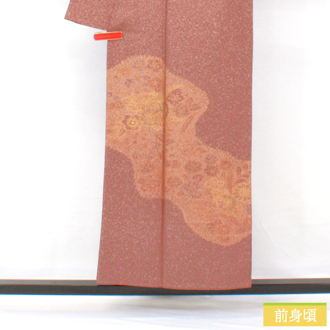 訪問着 正絹 袷 身丈153cm 裄丈63cm 小豆鼠色(あずきねずいろ) 草花模様 部分刺繡 Sランク 茶系 1112005752214