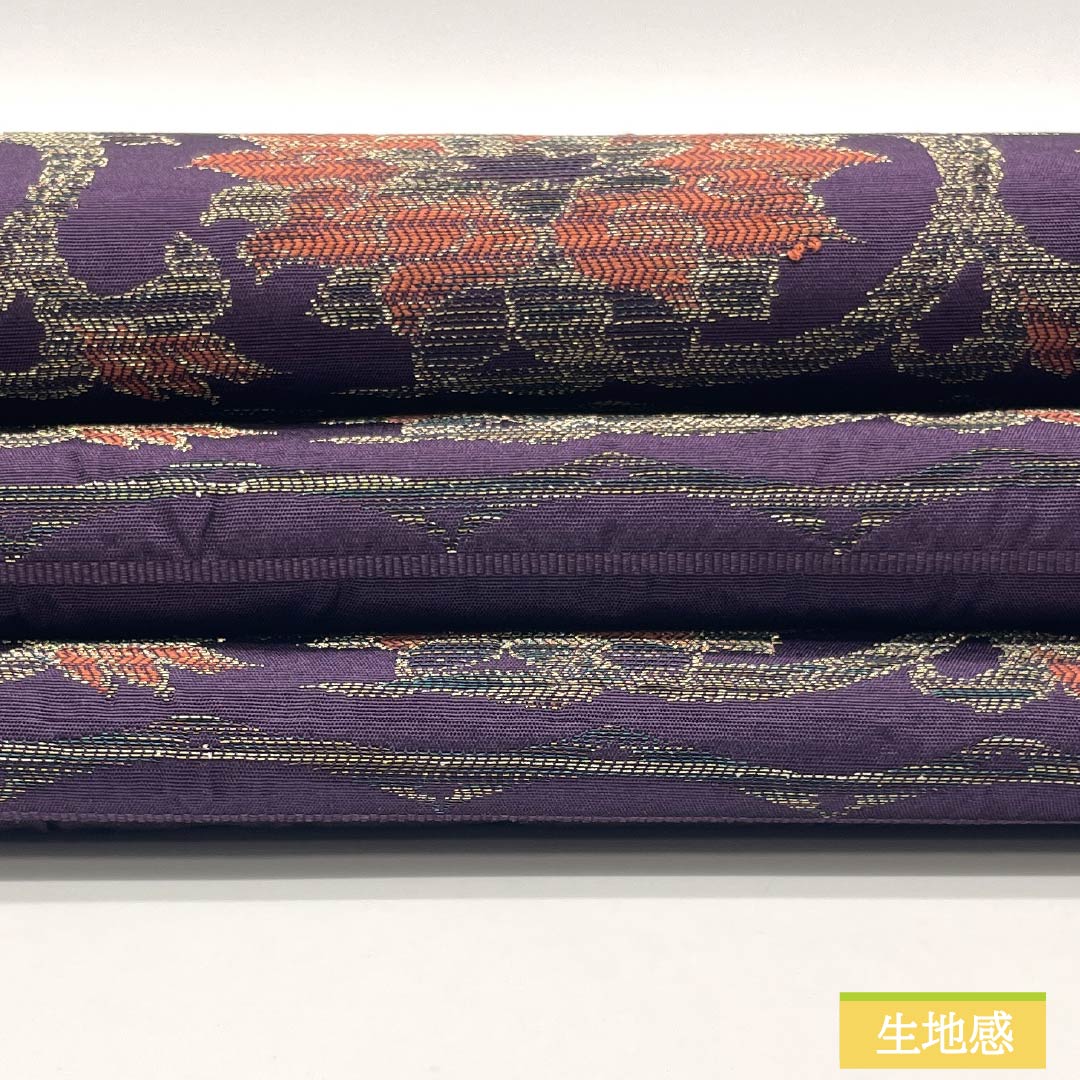 Nagoya Obi, Eggplant Navy Blue (Nasukon Iro), Puffed Weave, Chinese Flower Pattern, Length 354cm, Pure Silk, S Rank, Six-Ply, Semi-Formal, Purple, Item Number 1124008872320, Nagoya Style