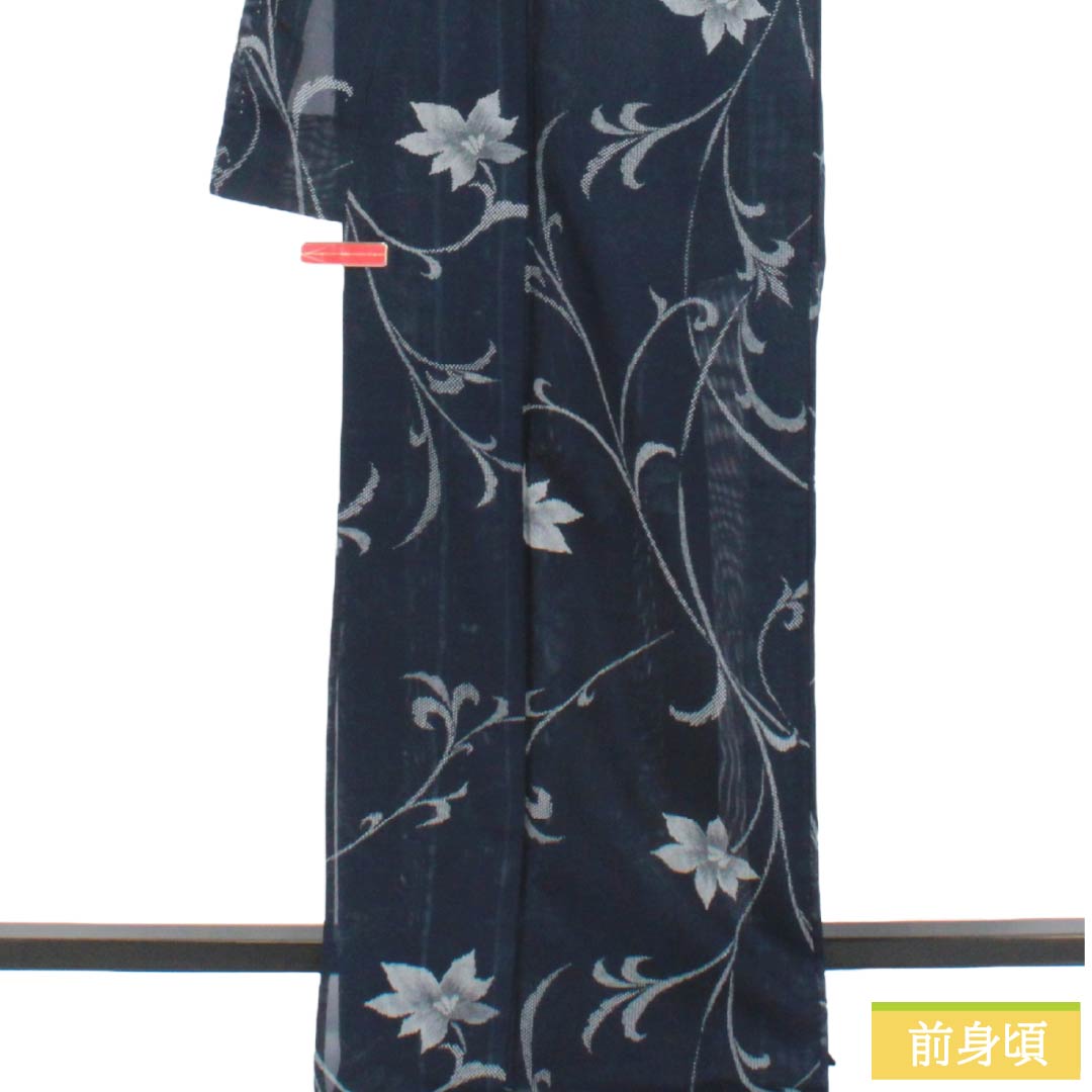 夏物 ポリエステル 小紋 Sランク 身丈171cm 裄丈66cm 濃紺色(のうこんいろ) 草花模様 絽 紺系 1132004762618
