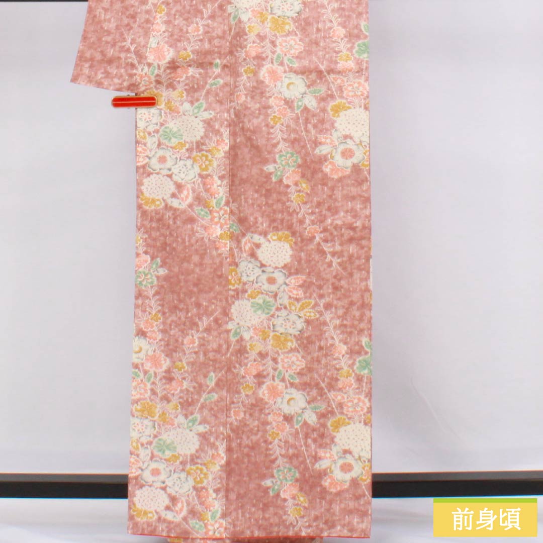 Komon (small pattern) kimono, pure silk, length 162.5cm, sleeve length 62cm, lined, light purple (asa-kisu-iro) color, tsumugi fabric, Tsujigahana (flower) pattern, A rank, pink, 1115006233413