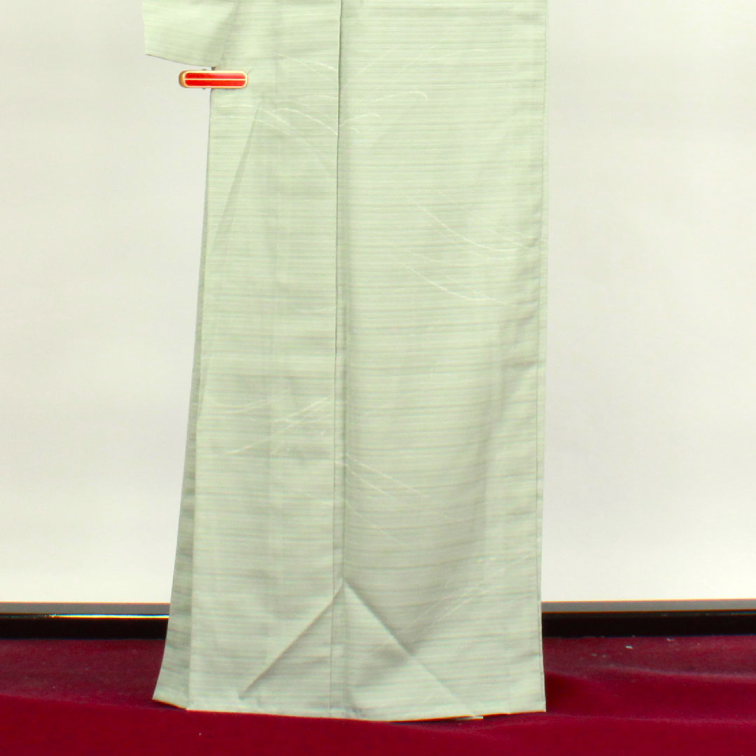 夏物 ポリエステル 小紋 身丈166cm 裄丈63.5cm 秘色色(ひそくいろ) 抽象模様 洗える着物 絽 Sランク 緑系 1132000882519