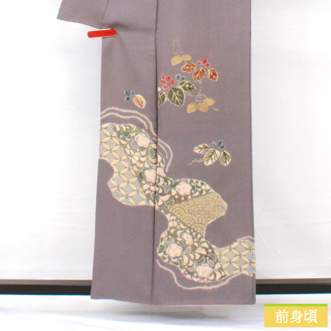 訪問着 正絹 袷 身丈159.5cm 裄丈63.5cm 紫鼠色(むらさきねずいろ) ちりめん地 辻ヶ花 道長取り 付下げ Aランク グレー系 1112005583322