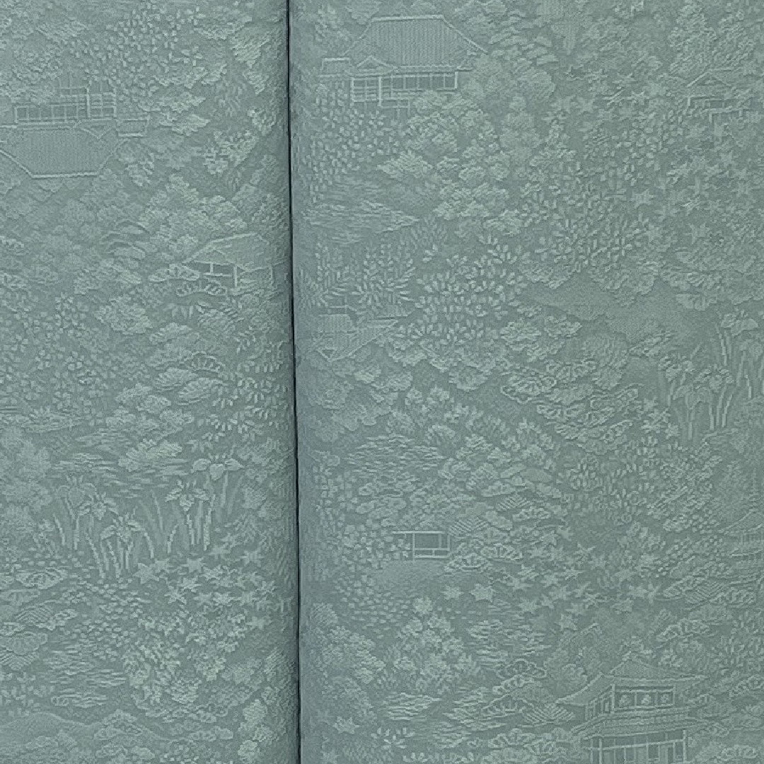 Plain color, Kotobukiori, Temple scenery pattern, Sword and katabami, Length 162cm, Sleeve length 64cm, Lined, Pure silk, S rank, Blue, 1114000302317