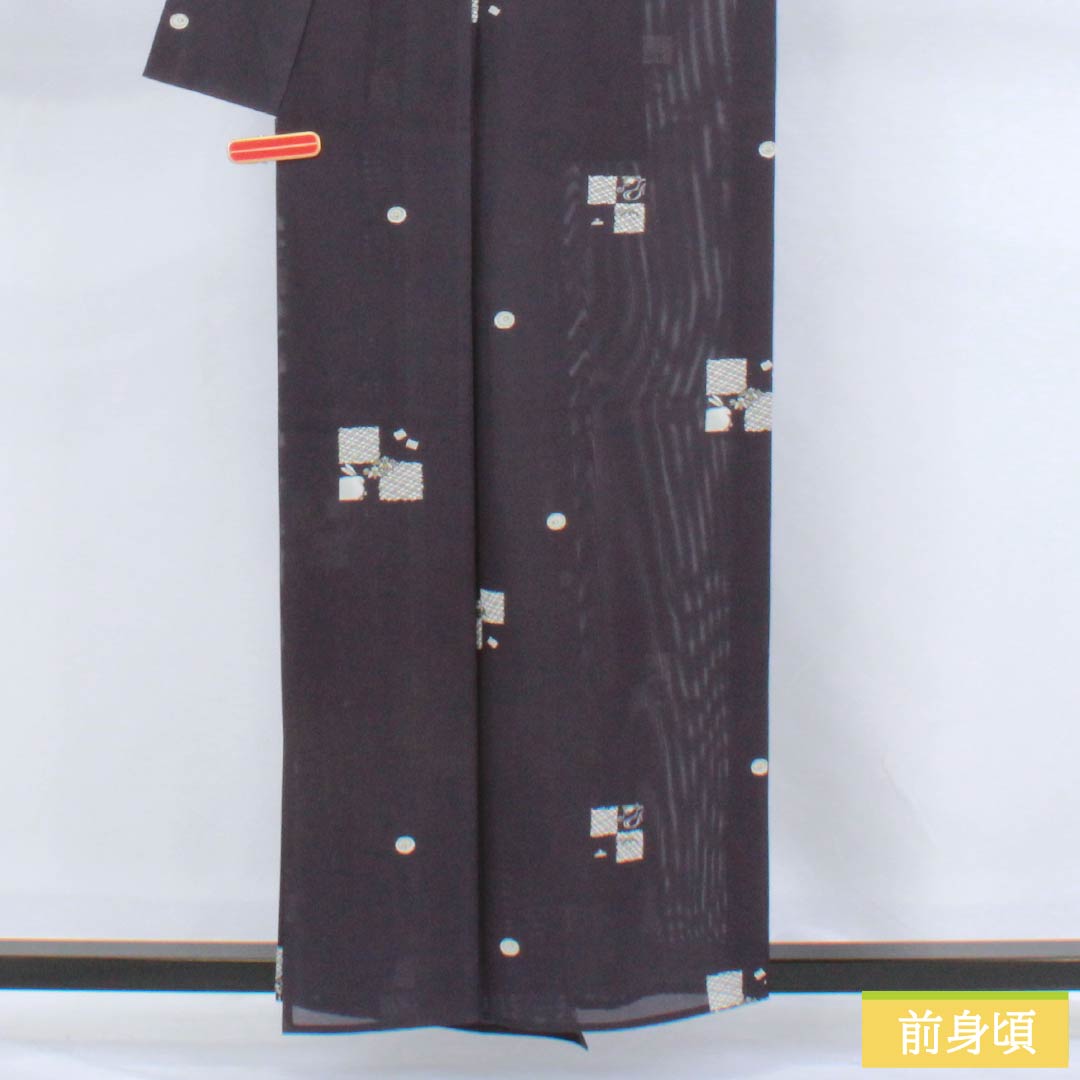 夏物 正絹 小紋 身丈158cm 裄丈67cm 褐色(かちいろ) 型染 飛び市松 古典柄 絽 Sランク 紫系 1132002802320