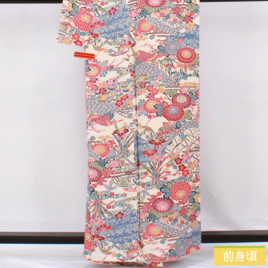Komon (small pattern) silk, A-rank, length 158.5cm, sleeve length 64cm, lined, light-colored (usunukuiro) Kyoto Bingata pattern, auspicious motif, white with basting threads, product number 1115006983311