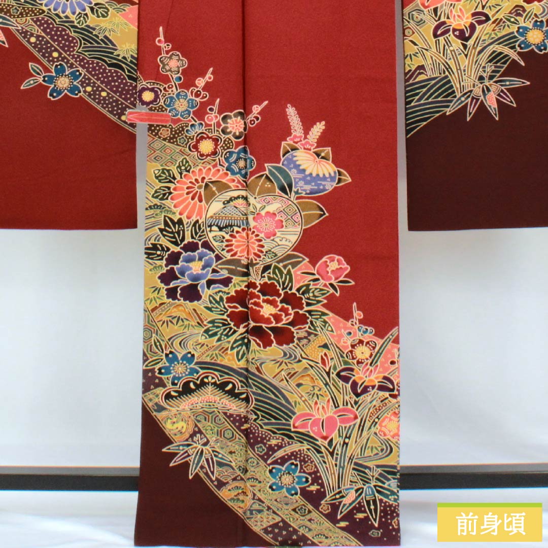 Kimono (Furisode) Pure Silk A Rank, Length 164.5cm, Sleeve-to-sleeve 67.5cm, Lined, Oxblood Red, Kyo-Bingata, Auspicious Motifs, Yume Guard Processed, Red tones, 1113002923412