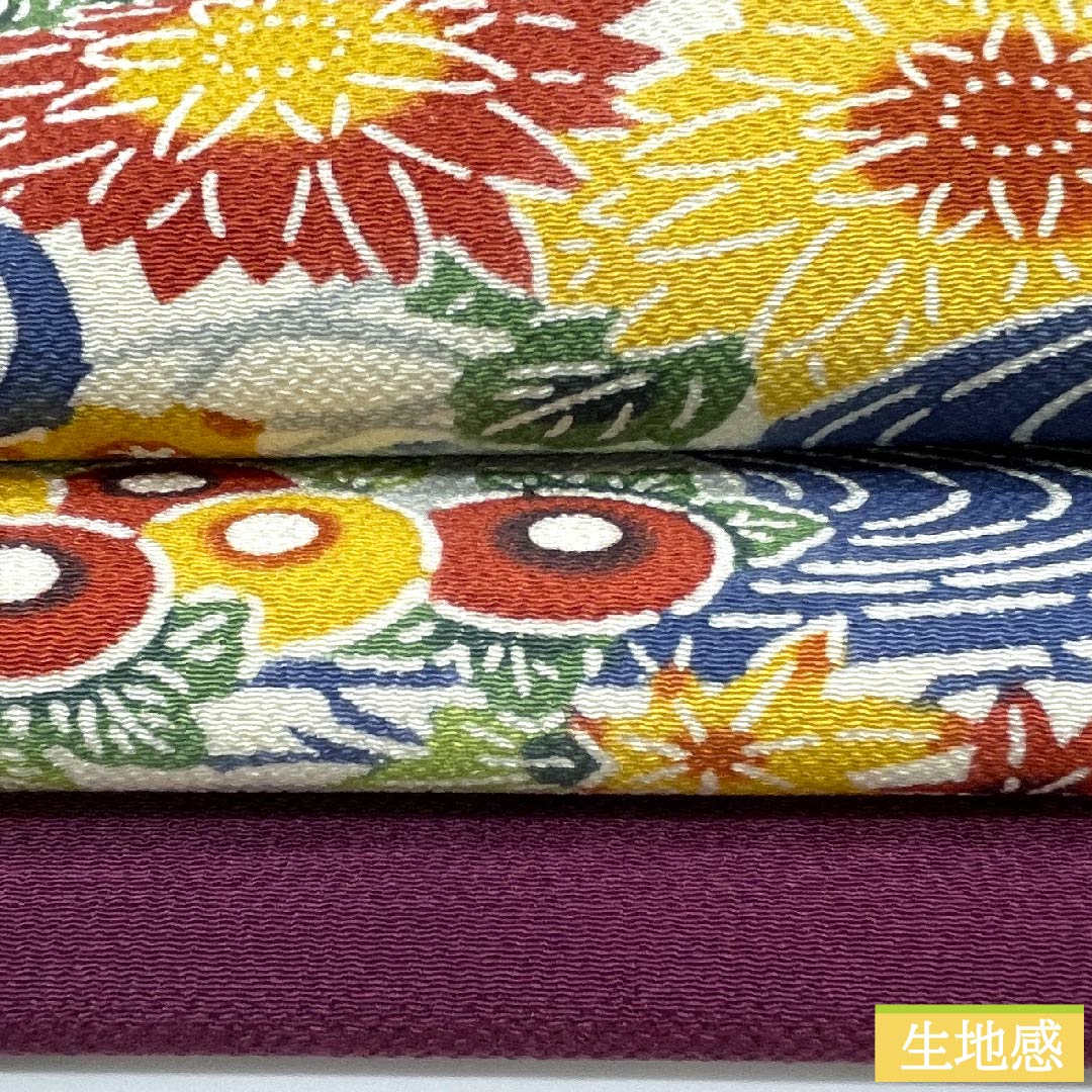Nagoya obi, grape color, Kyoto Bingata, classic pattern, flowers, flowing water, autumn leaves, obi length 345cm, pure silk, S rank, point pattern, casual, purple, 1124005302320, Nagoya tailoring