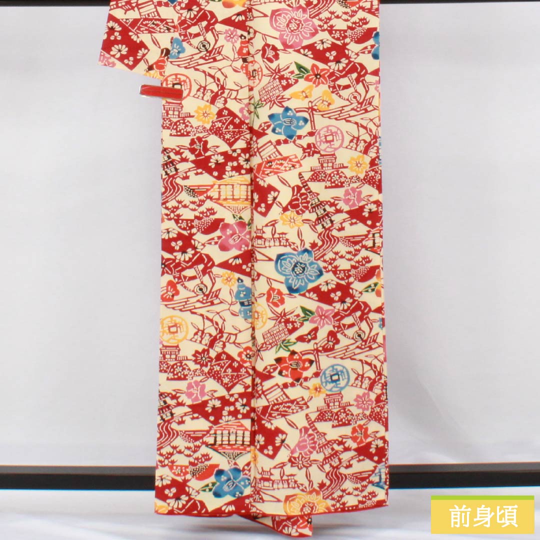 Komon silk S-rank kimono, length 159.5cm, sleeve length 66cm, lined, Tokyo white-brown (Tokyo shirachairo) pattern, Kyoto Bingata, Kyoto landscape design, cream-toned, product number 1115006852315