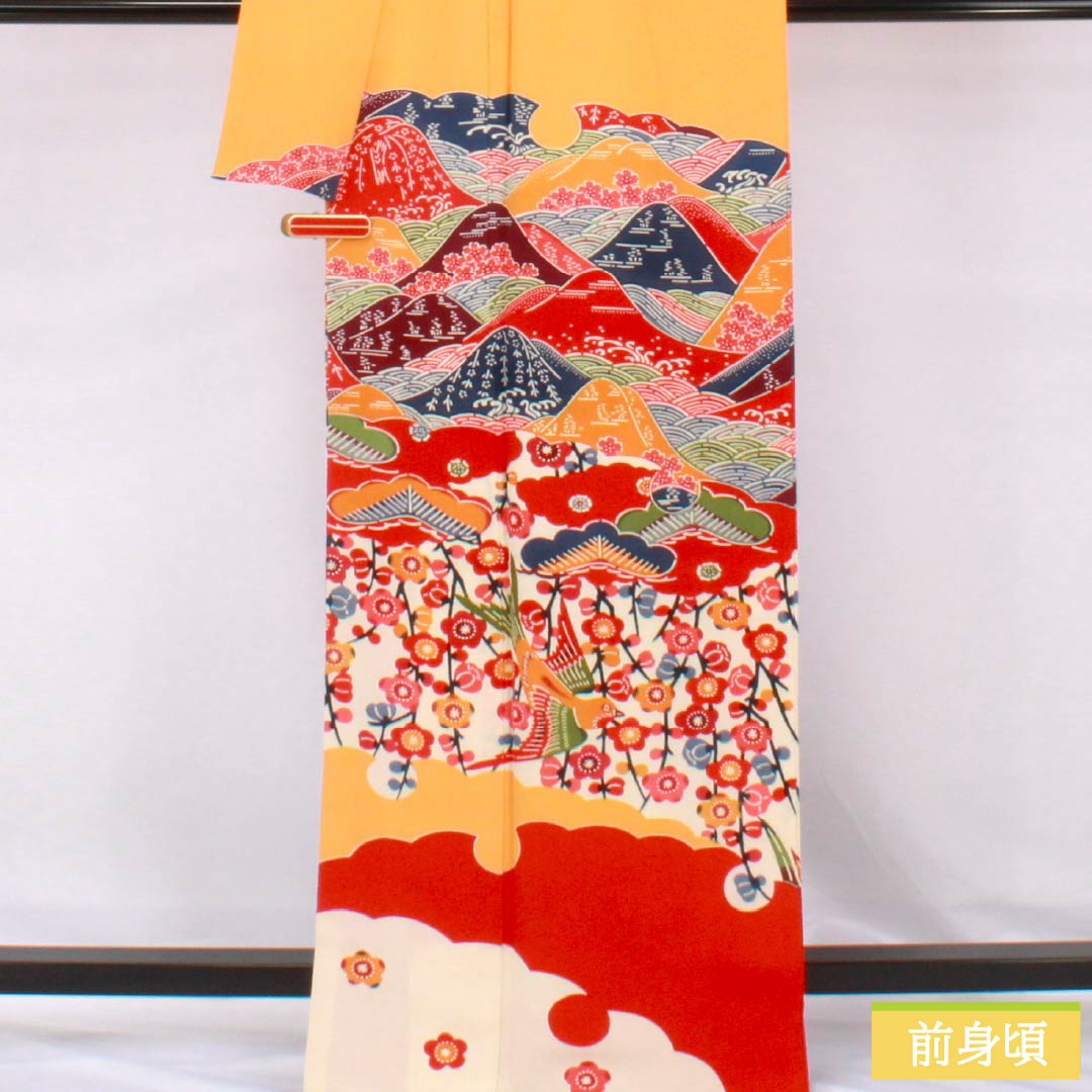Visiting Kimono, Pure Silk, S Rank, Lined, Length 167cm, Sleeve Length 65.5cm, Orange Color, Kyoto Bingata Design, Auspicious Motif, Orange, Item Number 1112006432526