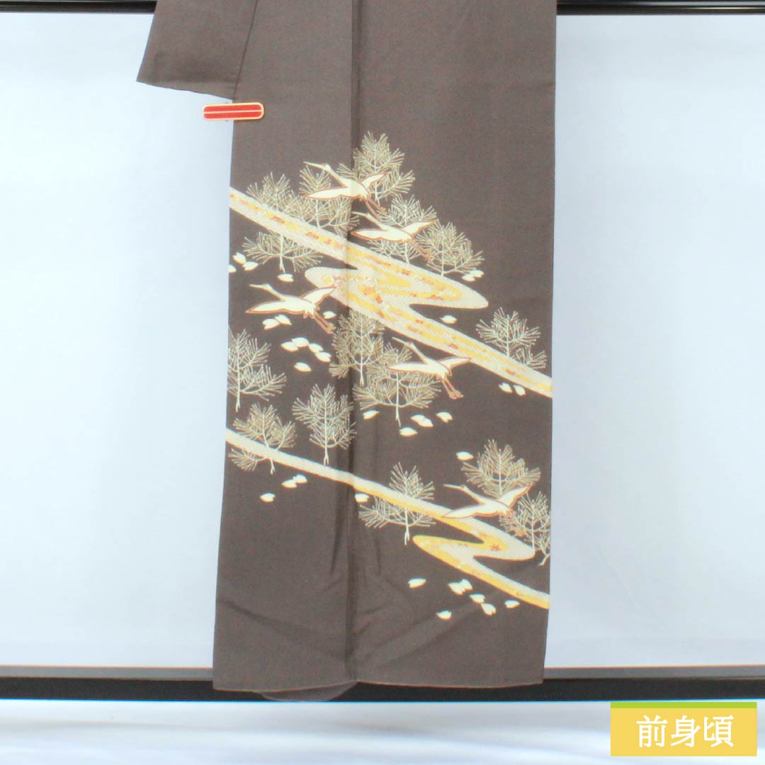 訪問着 正絹 Aランク 袷 身丈152cm 裄丈63.5cm 消炭色(けしずみいろ) 京友禅 一つ紋 陰上り藤 流水 鶴 グレー系 1112007203222