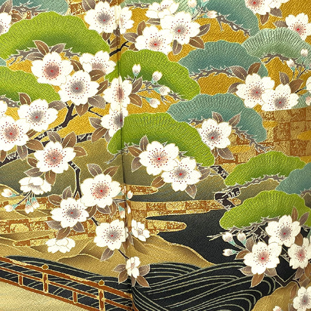 Homongi, lined, length 158.5cm, sleeve length 61.5cm, tan, Kyo-Yuzen, cherry blossom, pure silk, S rank, yellow, 1112002212323