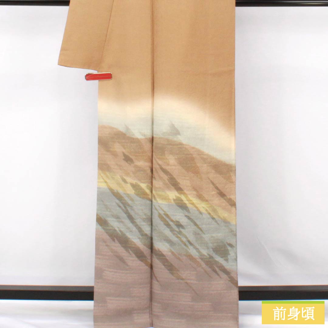 Visiting Kimono, Pure Silk, Grade A, Lined, Length 164.5cm, Sleeve Length 63cm, Light Fallen Leaf Green (Usukuchibaiiro) with Abstract Pattern, Beige, Product Number: 1112007463425