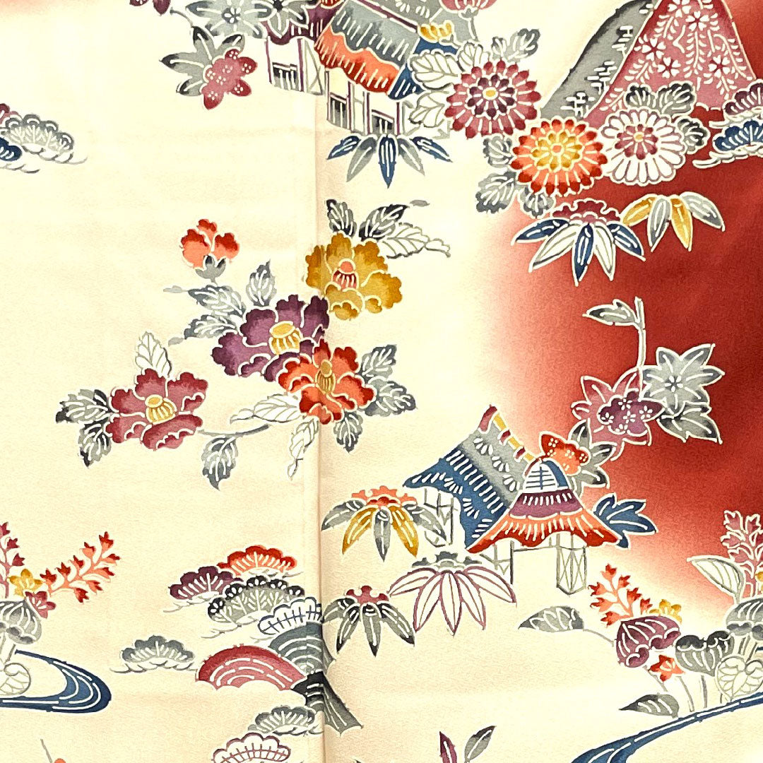 振袖 身丈161.5cm 裄丈64cm 袷 葡萄茶色 薄桜色 型染 茶屋辻 松竹梅 正絹 Aランク 赤系 1113000913412