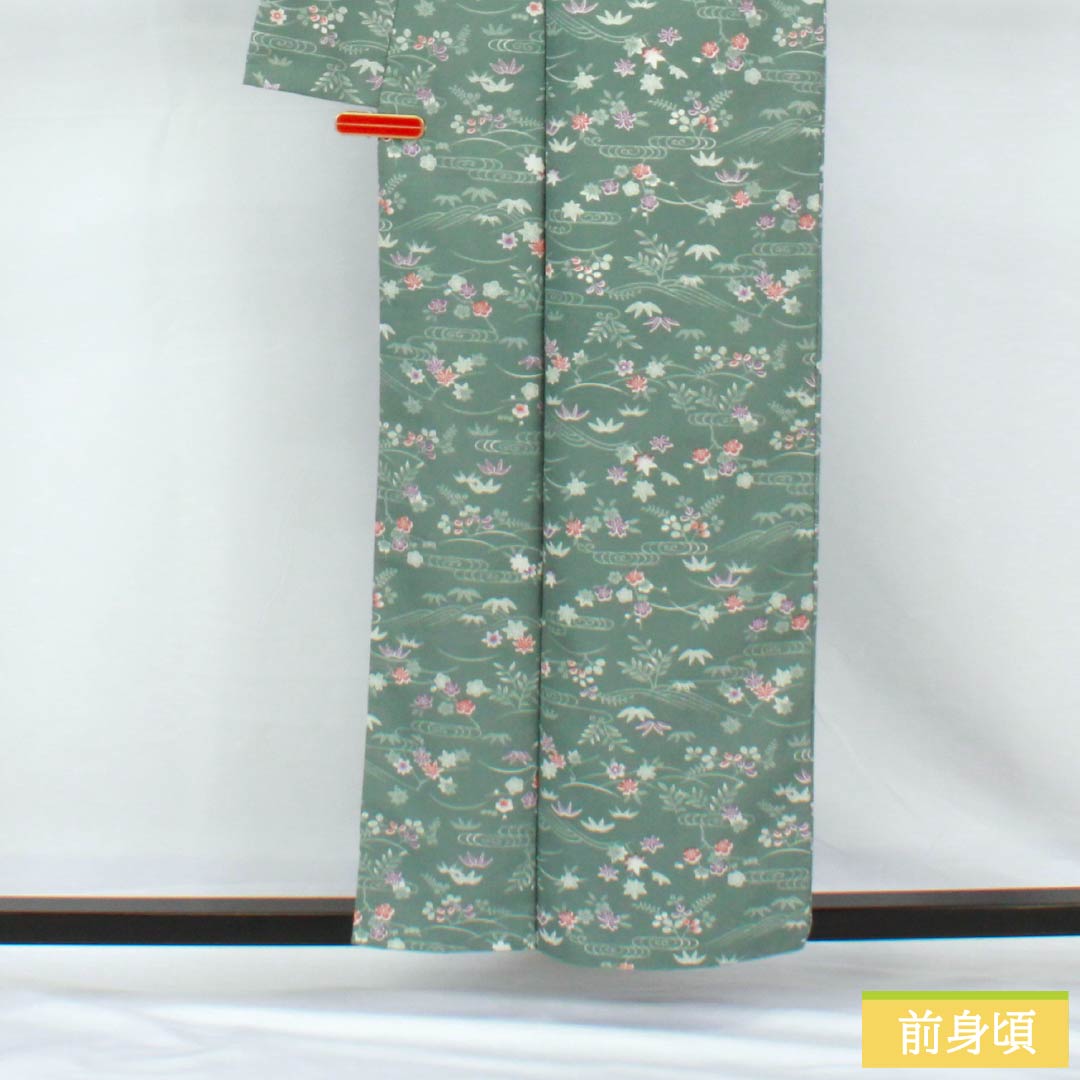小紋 ポリエステル 身丈158.5cm 裄丈63cm 袷 山藍摺色(やまあいずりいろ) 洗える着物 草木模様 Aランク 緑系 1115005143319